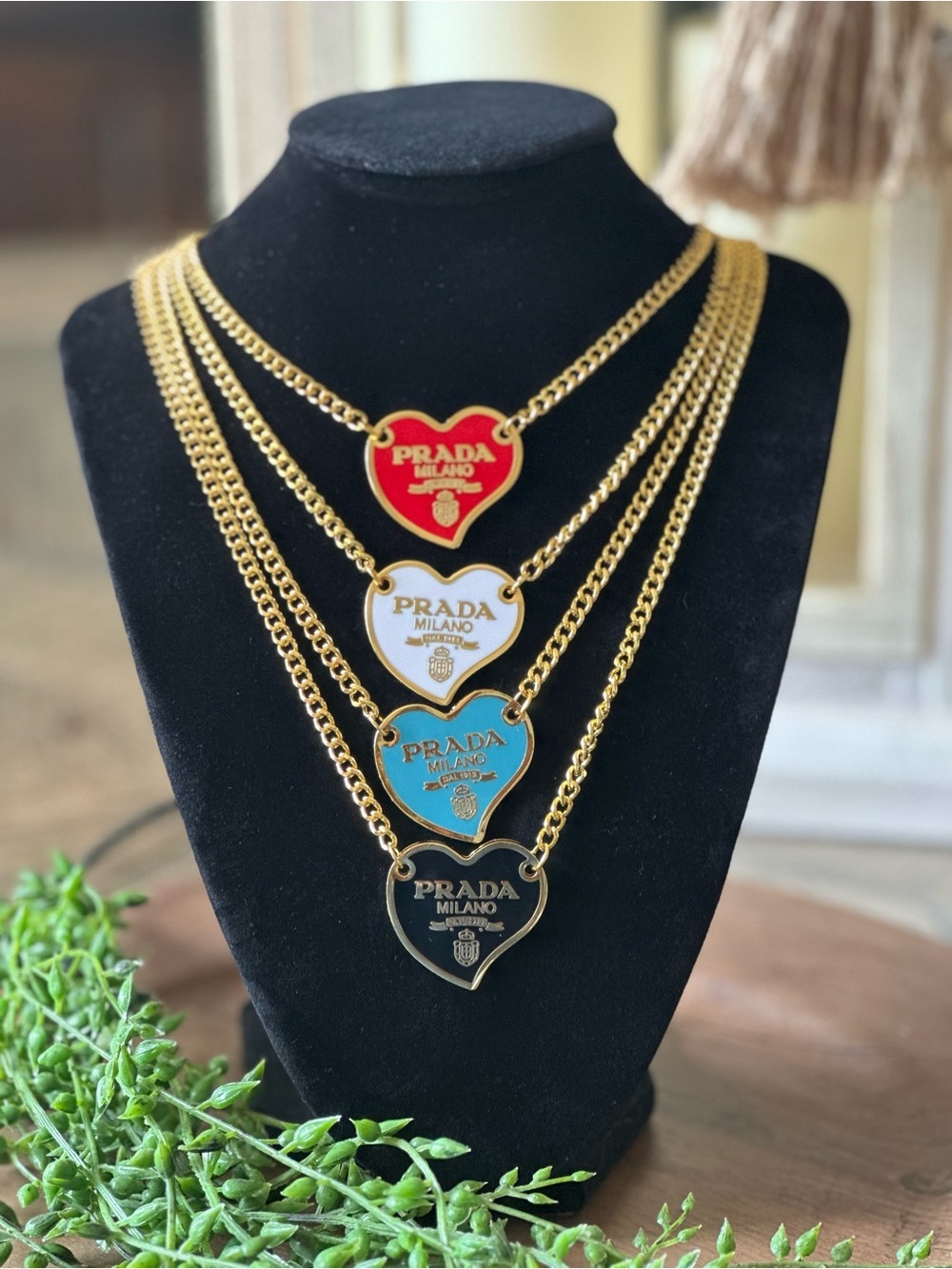 Gold Tone Upcycle Heart Pendant Necklace 18" Pendant Cuban Chain-Red White Blue